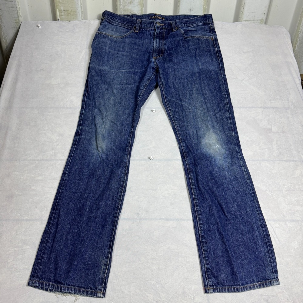 Vintage Lacoste Womens‎ Bootcut Jeans Blue Denim Slash Pocket Whiskering Size 34